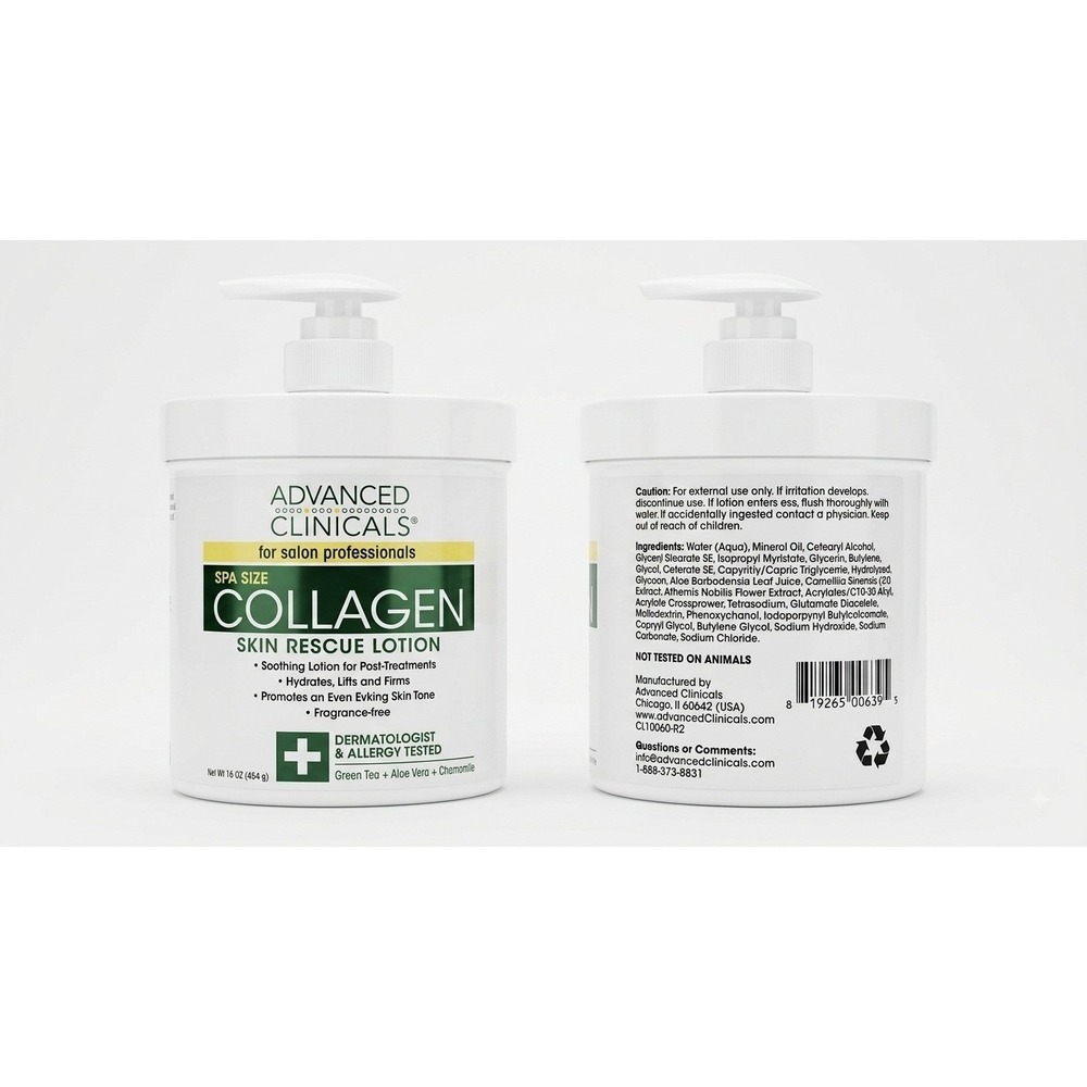 Advanced Clinicals Collagen Skin Rescue Lotion Spa Size 16oz Pump Fragrance-Free